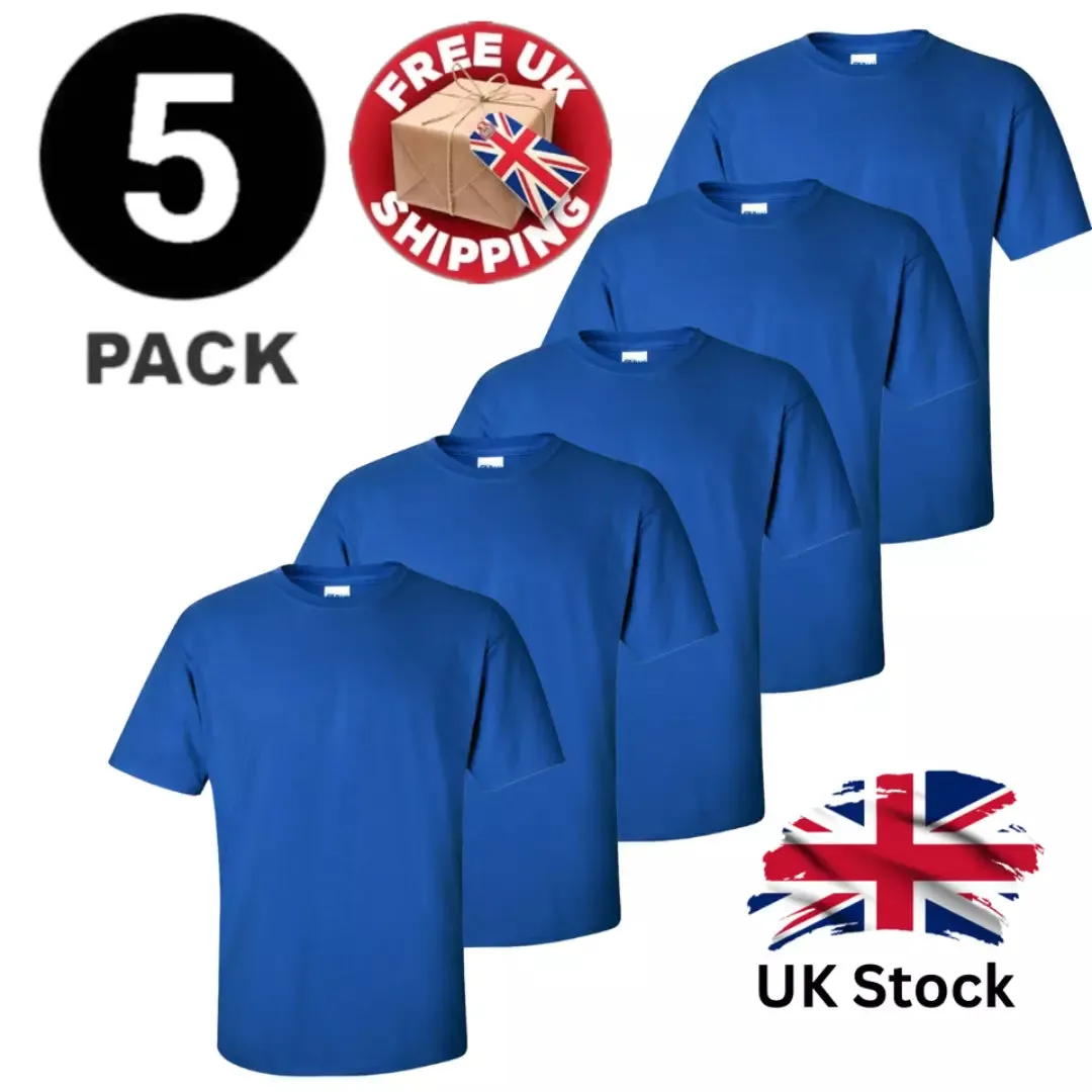 5 Packs Mens T-Shirt Heavy Cotton Plain Short Sleeve Blue Color