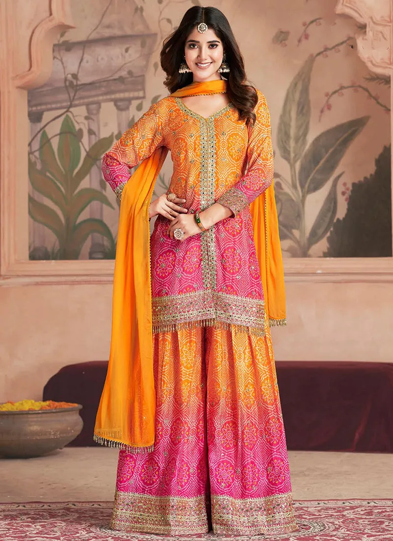 Amber Pink Ombré Embroidered Kurti And Palazzo