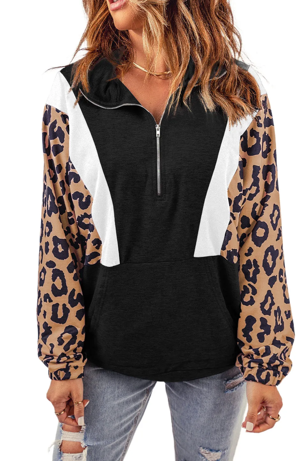 Black Pocketed Half Zip Leopard Pullover Sweatshirt