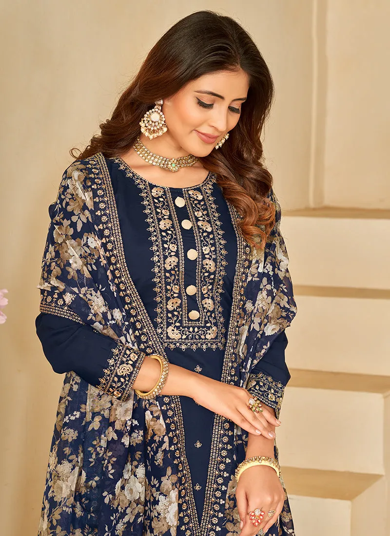 Blue Embroidery Traditional Pant Style Suit