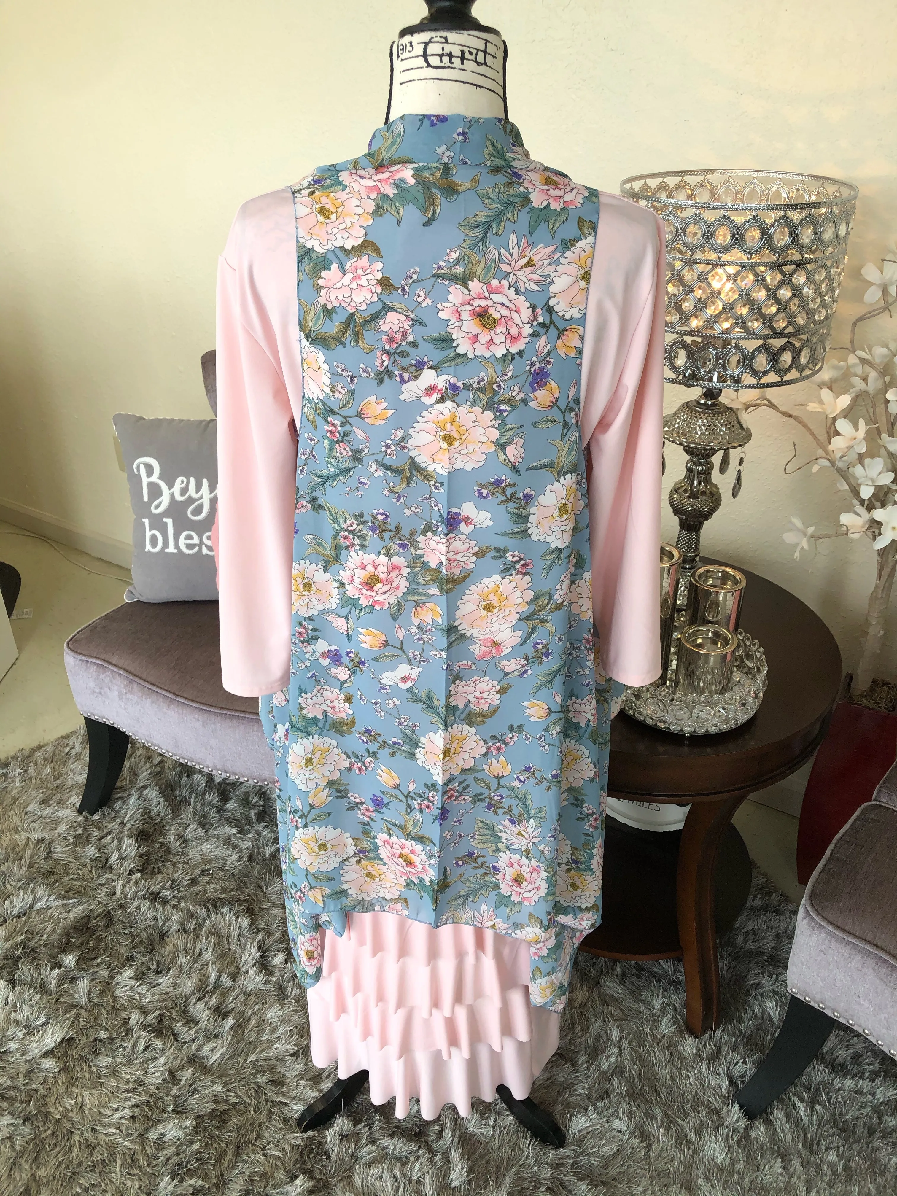 Blue Floral Chiffon Scarf Vest (OS)