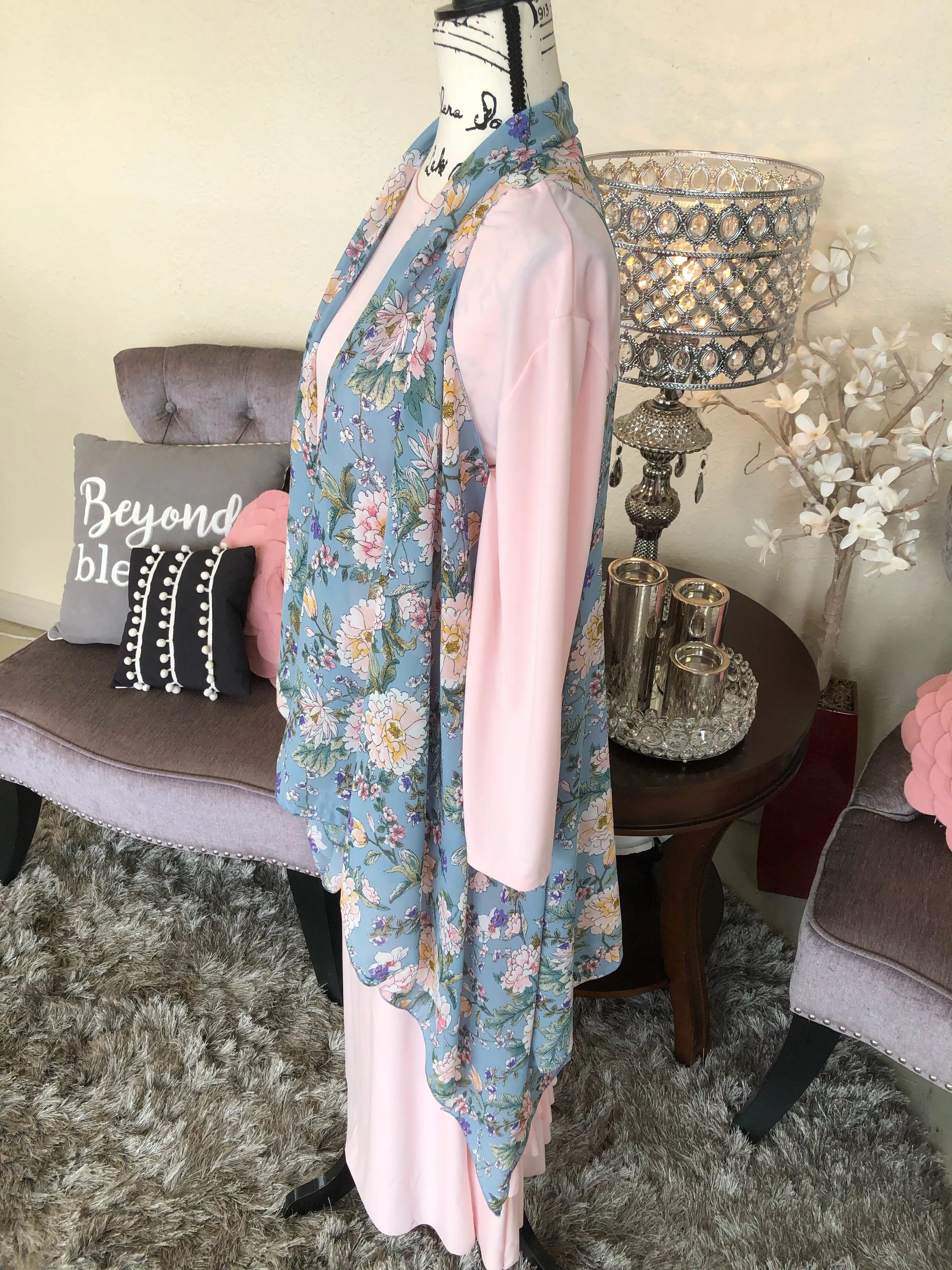 Blue Floral Chiffon Scarf Vest (OS)