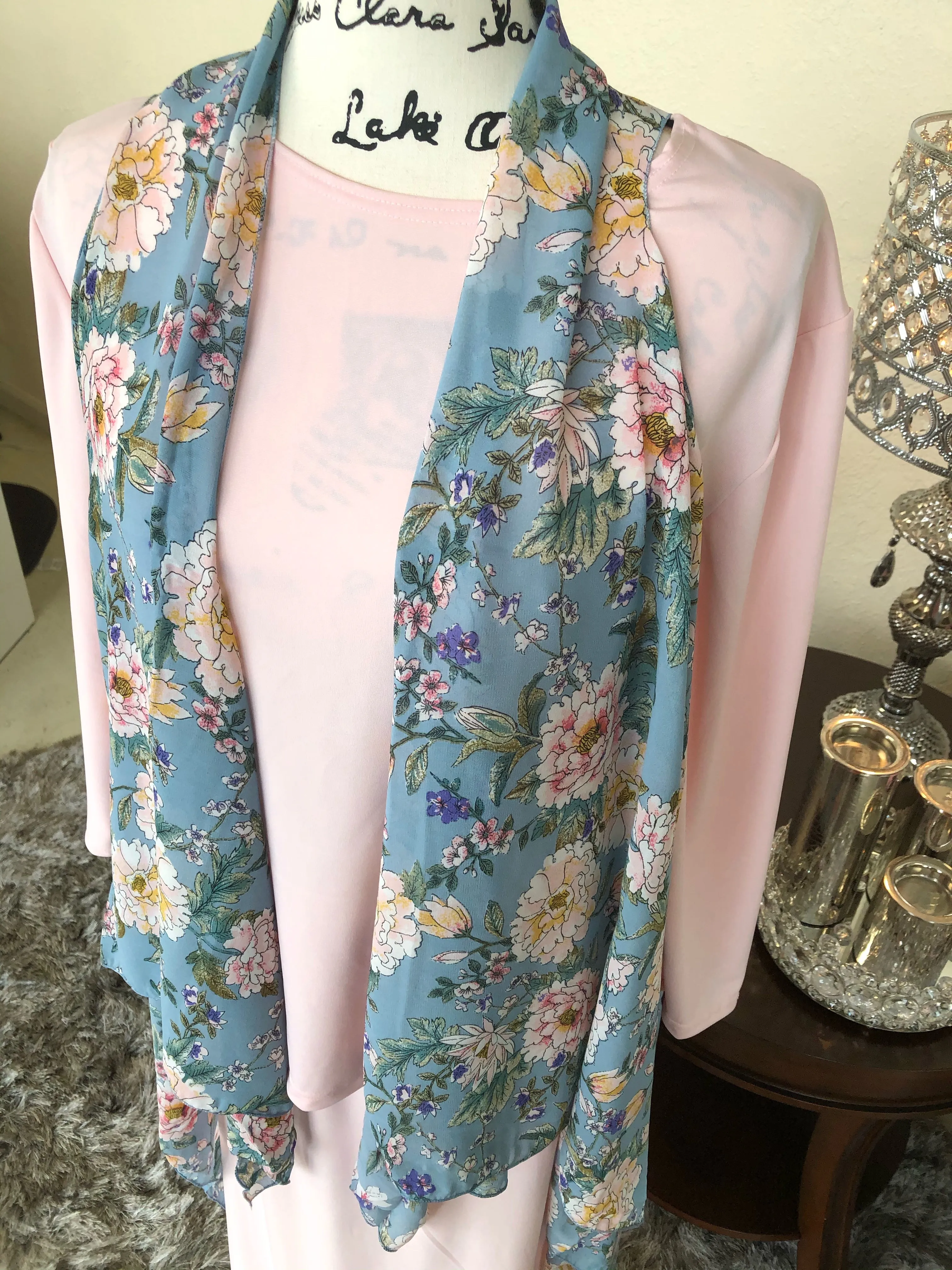 Blue Floral Chiffon Scarf Vest (OS)