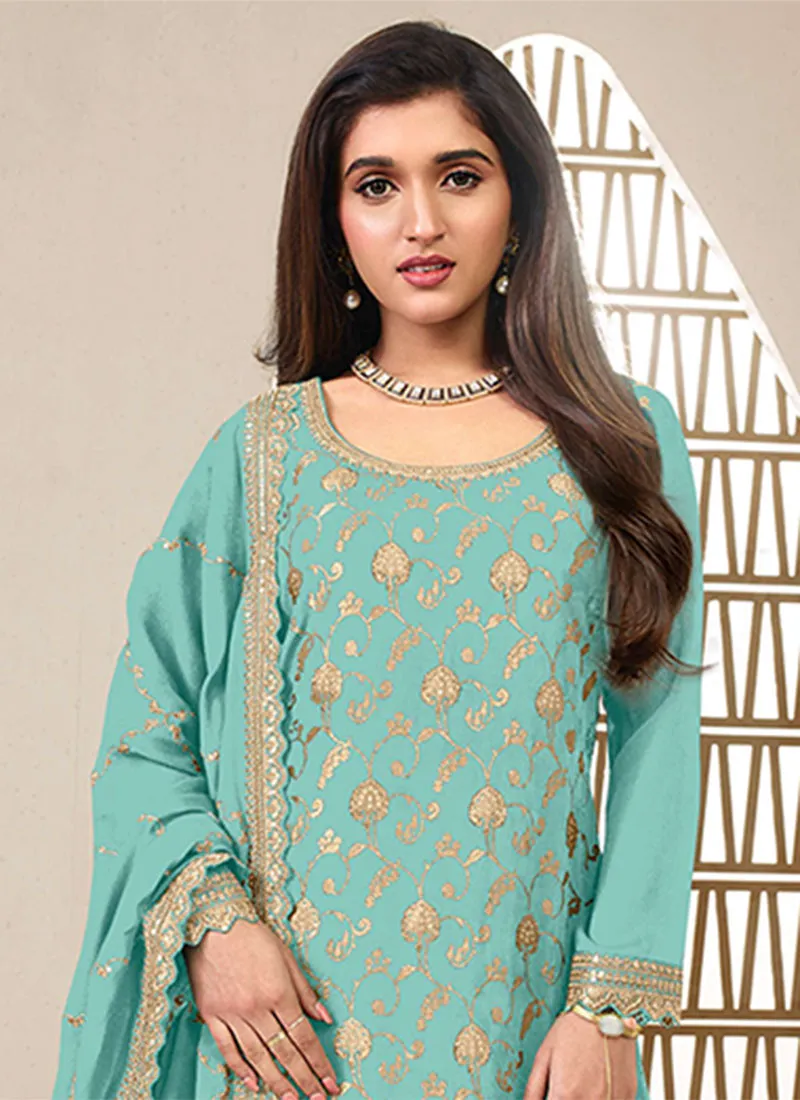 Blue Reshamkari Embroidery Sharara Style Suit