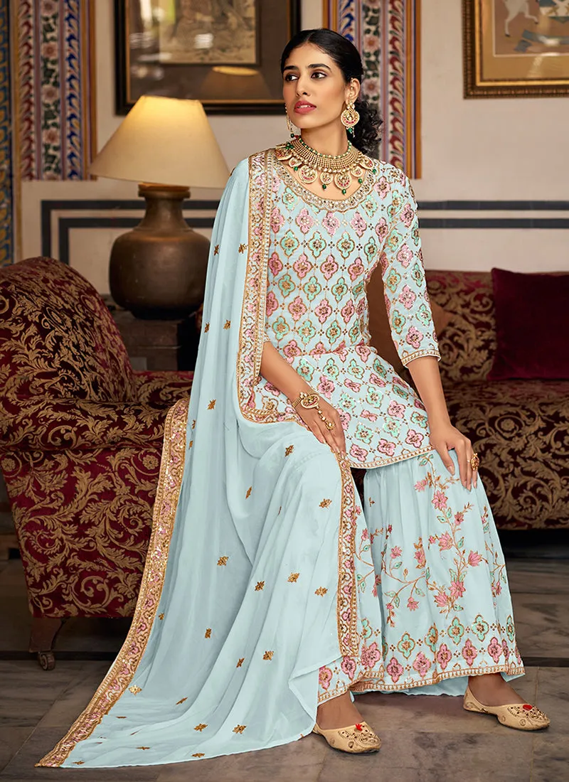 Blue Sequence Embroidery Traditional Gharara Suit