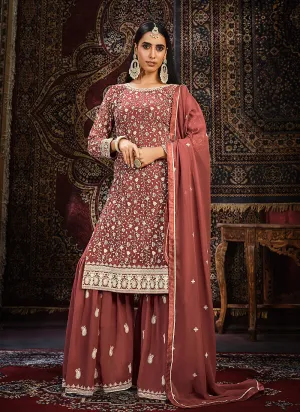 Burnt Red Sequence Embroidery Traditional Gharara Suit