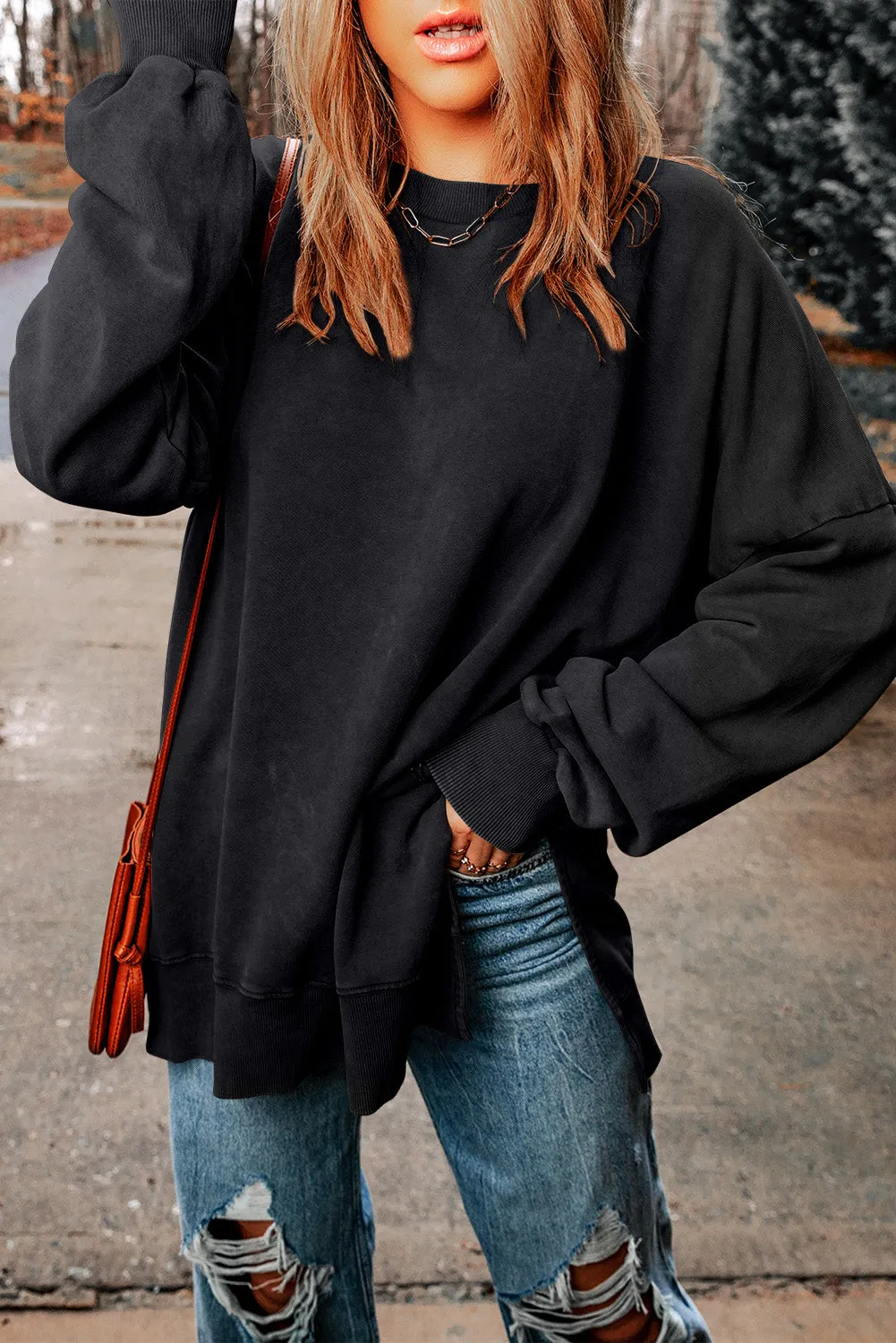 Cali Chic Women Black Drop Shoulder Ribbed Trim Oversized Sweatshirt