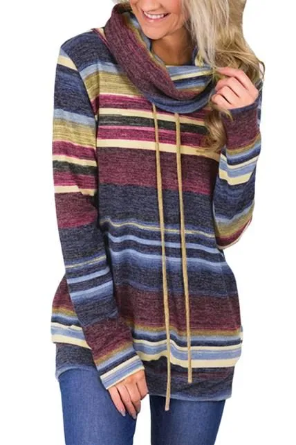 Casual Blue Multicolor Cowl Neck Striped Sweatshirt