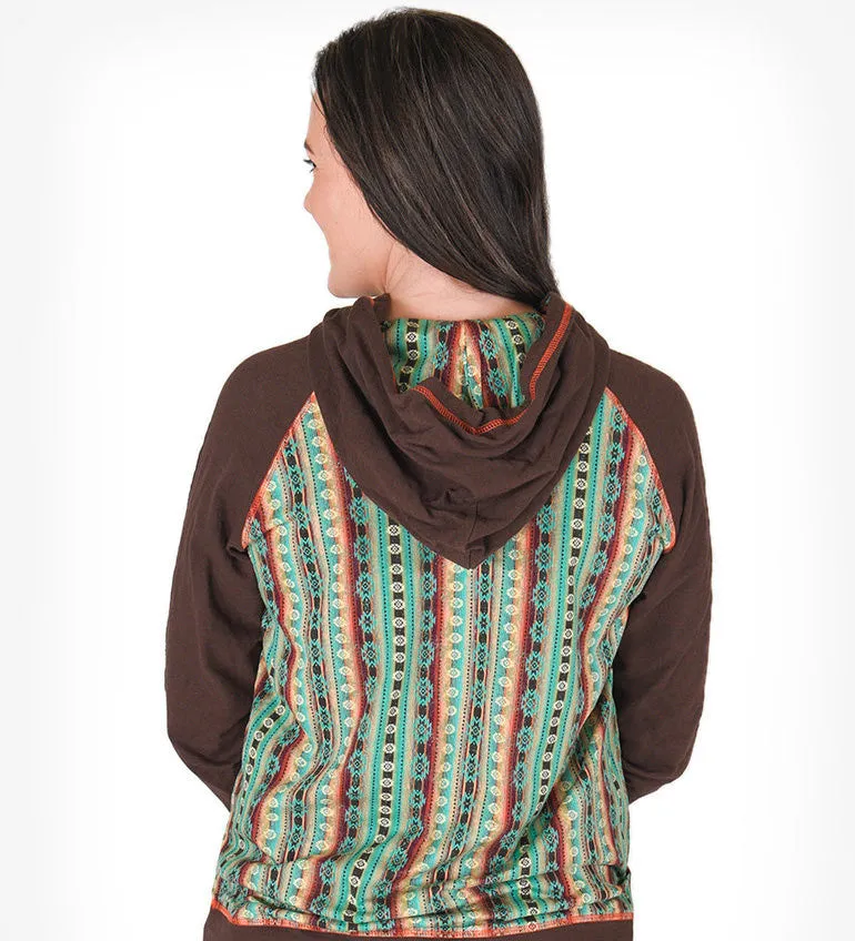 Cowgirl Tuff Women's Brown Pullover with Coral Aztec