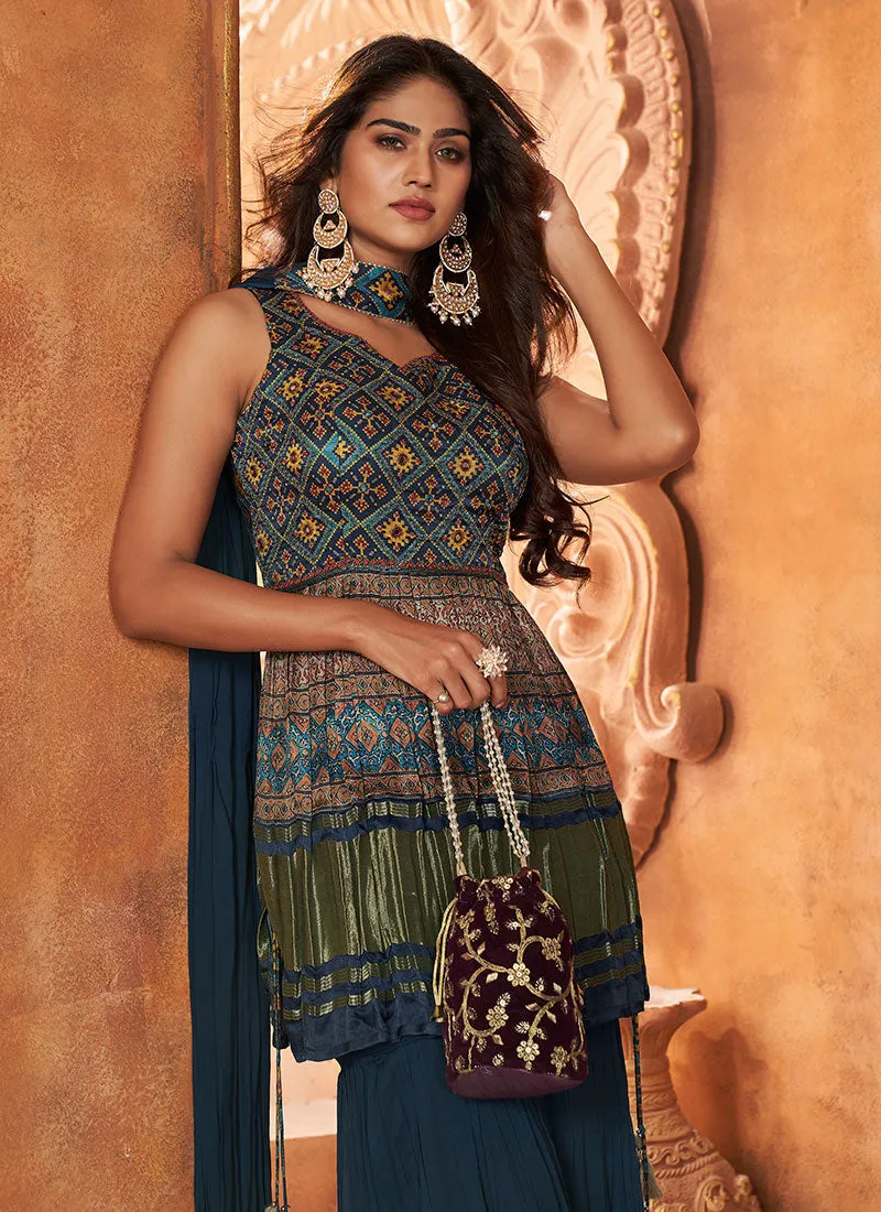 Dark Blue Multi Embroidery Traditional Gharara Style Suit