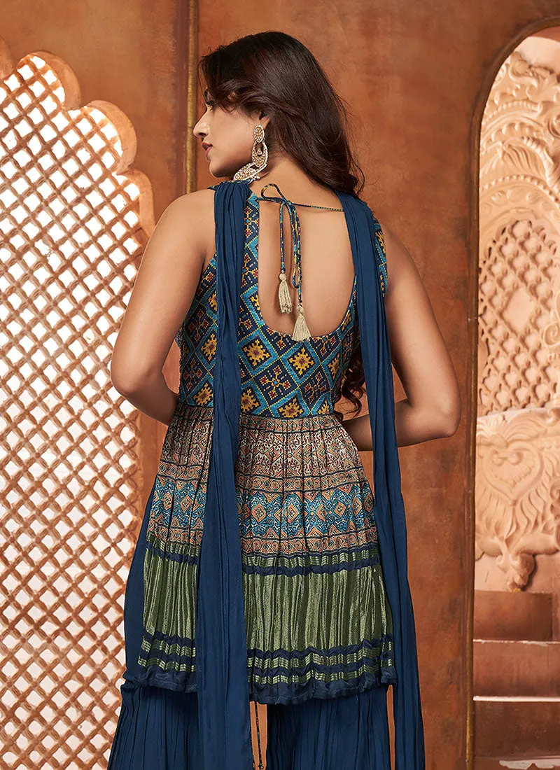 Dark Blue Multi Embroidery Traditional Gharara Style Suit