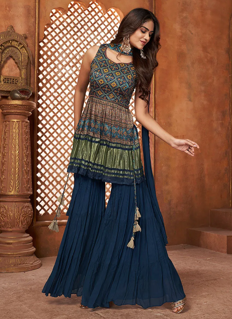 Dark Blue Multi Embroidery Traditional Gharara Style Suit