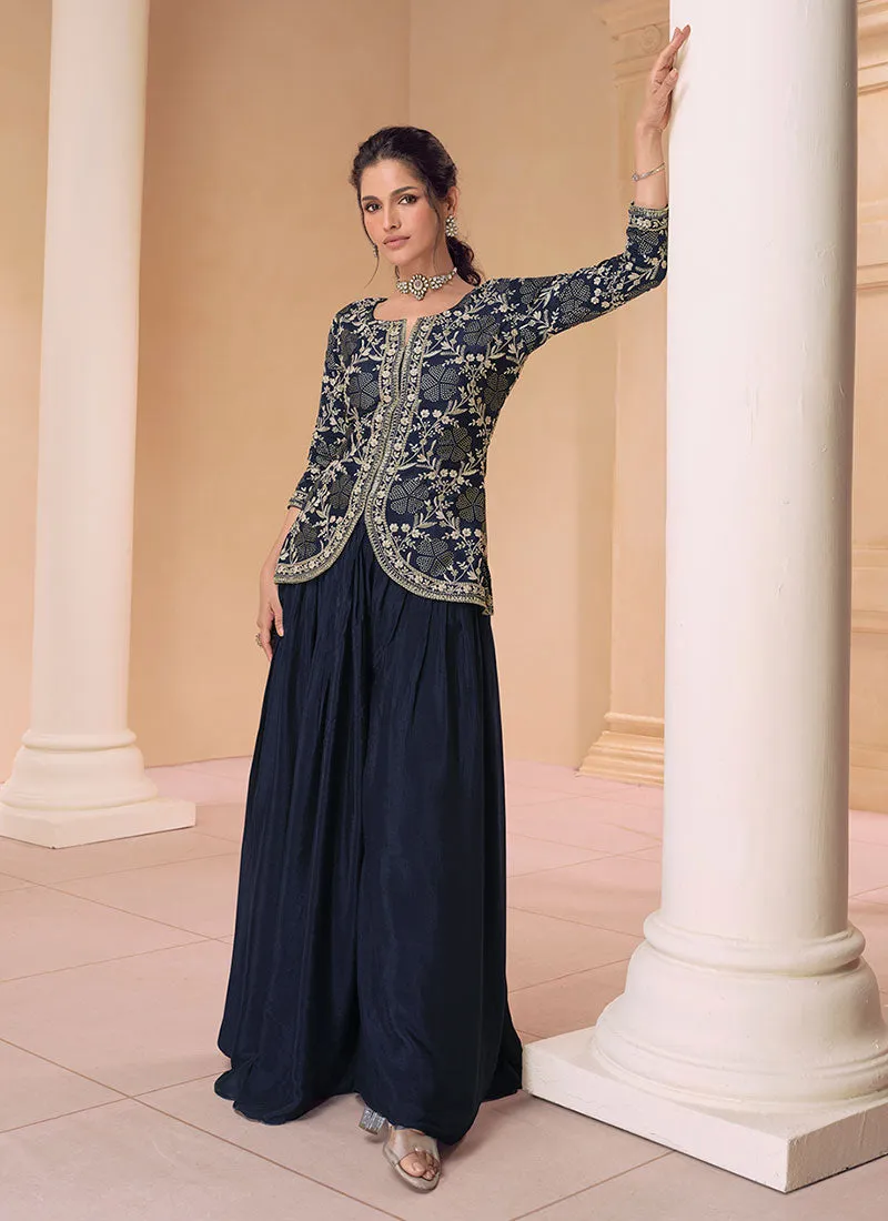 Dark Blue Sequence Embroidery Designer Kurti And Palazzo