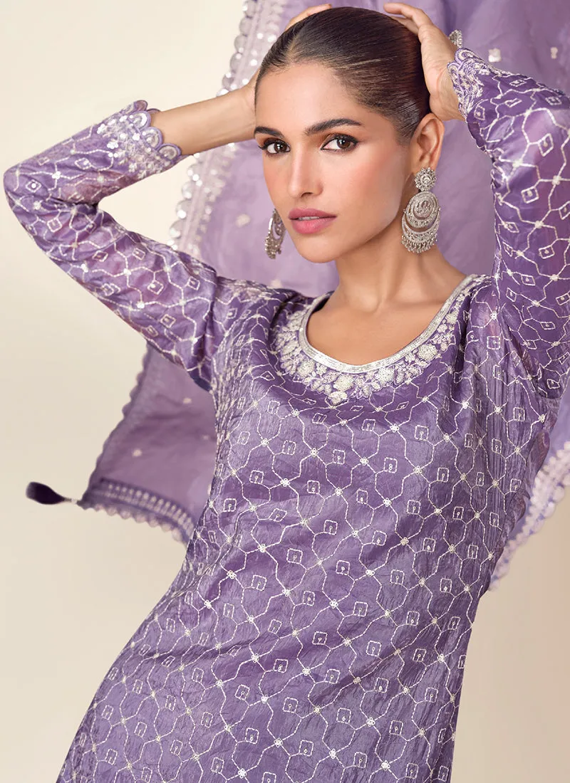 Deep Purple Embroidery Party Wear Palazzo Suit