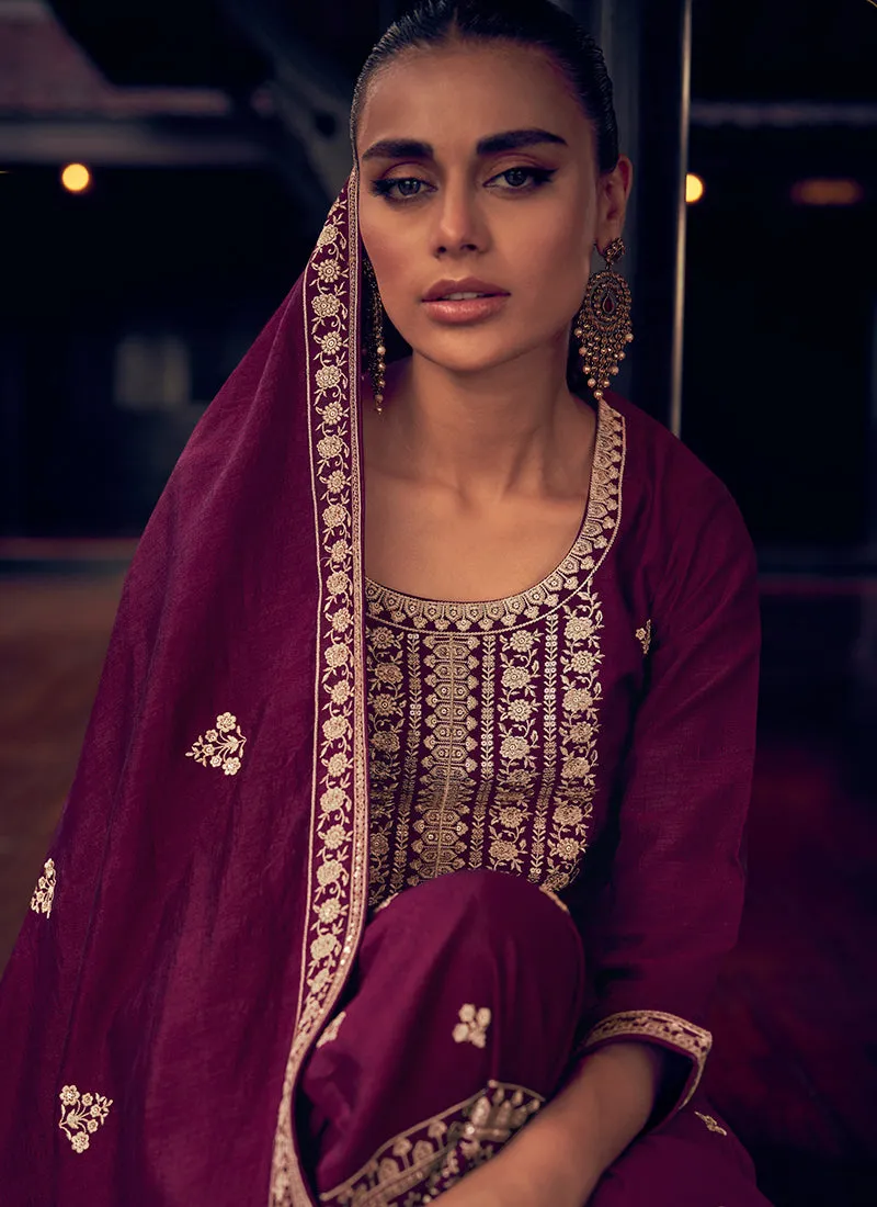 Deep Purple Sequence Embroidery Traditional Palazzo Suit