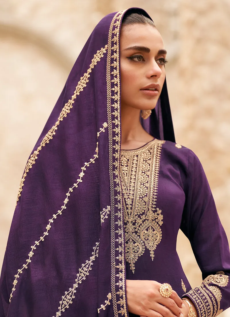 Deep Purple Traditional Embroidery Palazzo Style Suit