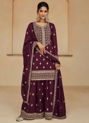 Deep Wine Multi Embroidery Wedding Sharara Suit