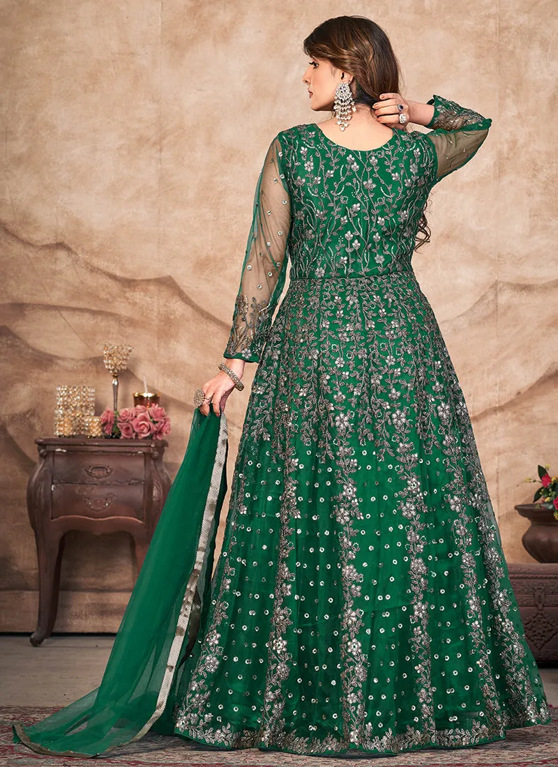 Green Embroidered Slit Style Anarkali Pant Suit