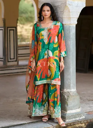 Green Embroidery Printed Palazzo Suit