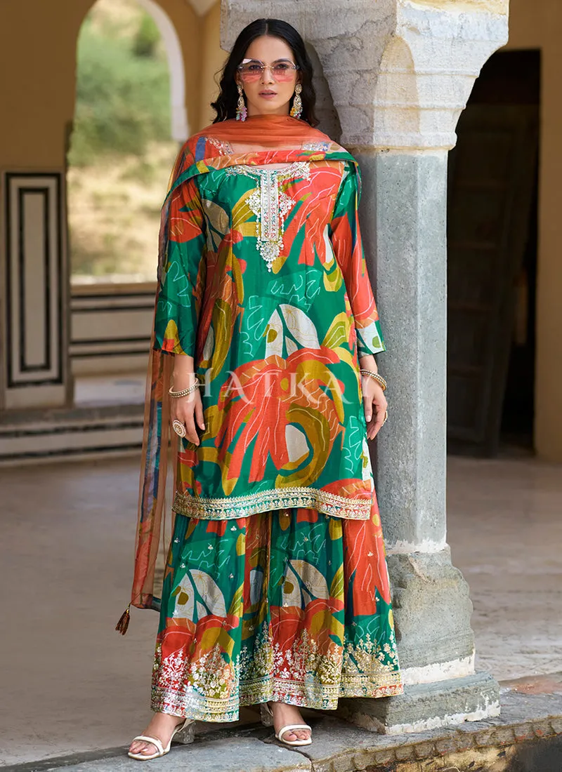 Green Embroidery Printed Palazzo Suit