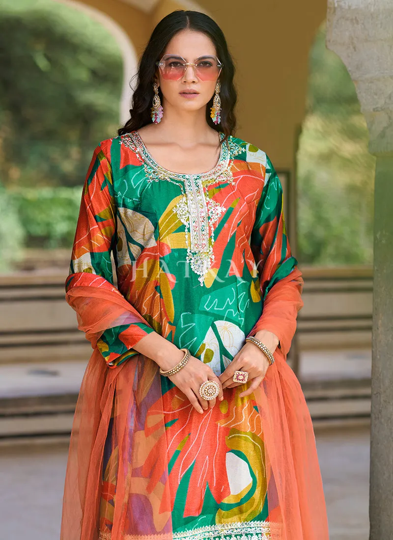 Green Embroidery Printed Palazzo Suit