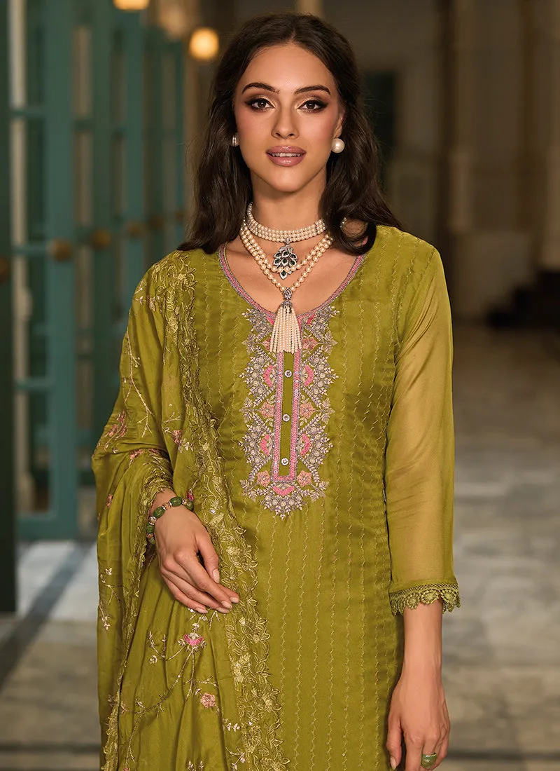 Green Sequence Embroidery Traditional Pant Style Suit