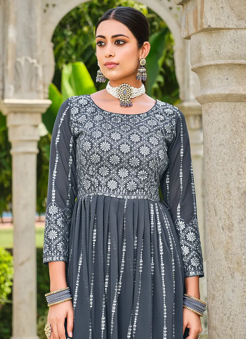 Grey Sequence Embroidery Festive Palazzo Suit