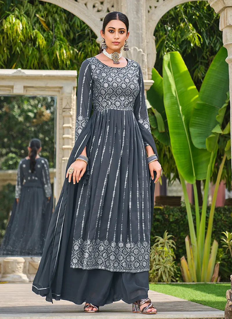 Grey Sequence Embroidery Festive Palazzo Suit