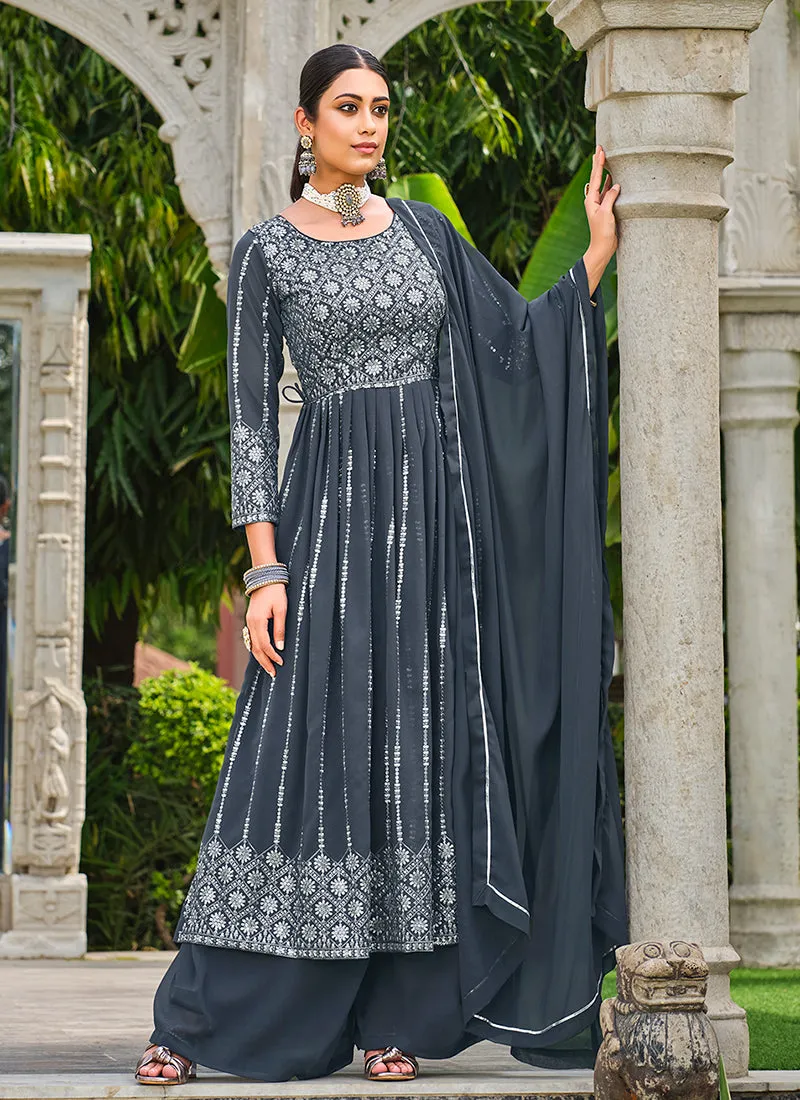 Grey Sequence Embroidery Festive Palazzo Suit