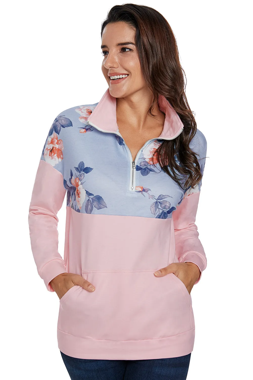 Hot Floral Splice Pink Kangaroo Pocket Zip Collar Sweatshirt