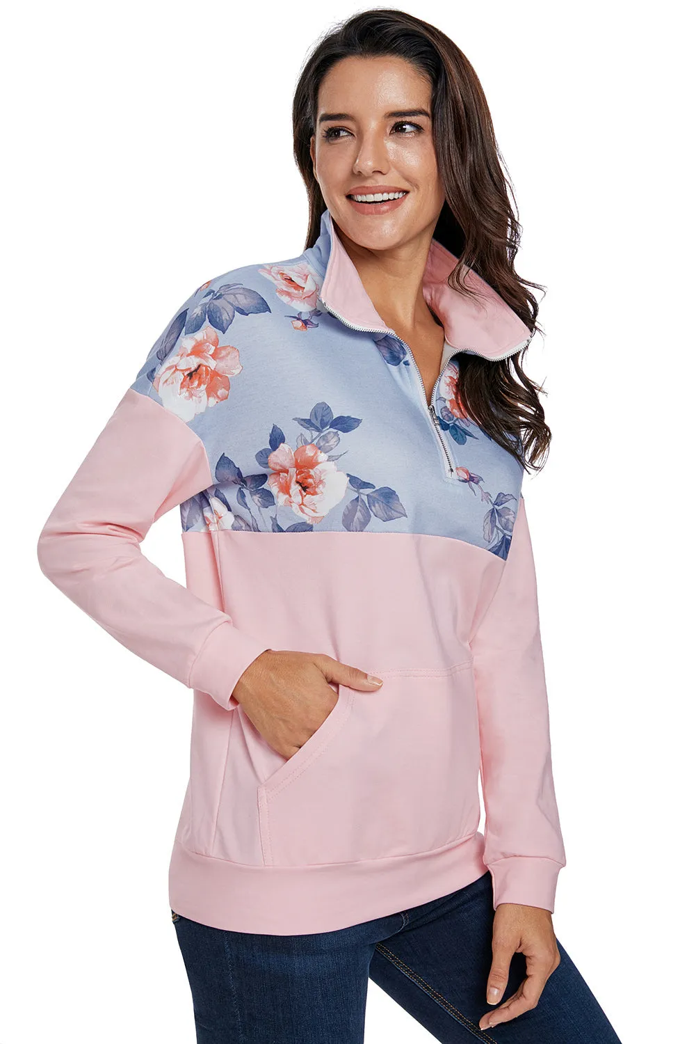 Hot Floral Splice Pink Kangaroo Pocket Zip Collar Sweatshirt