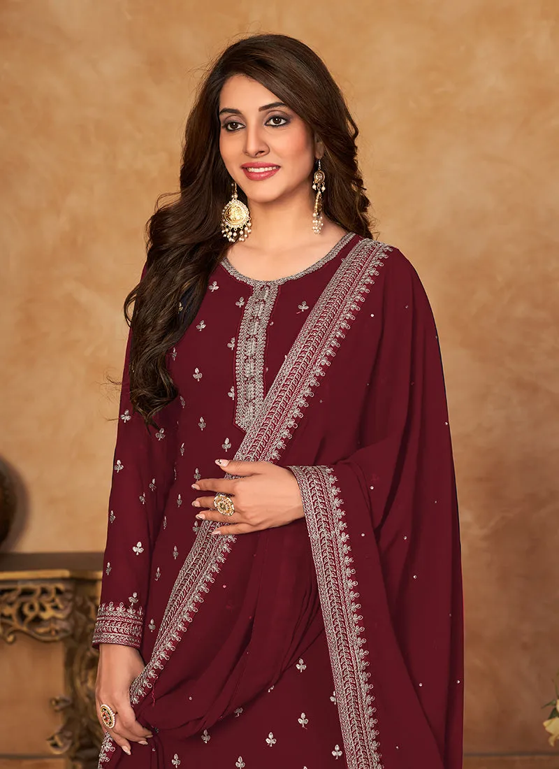 Maroon Embroidery Traditional Palazzo Suit