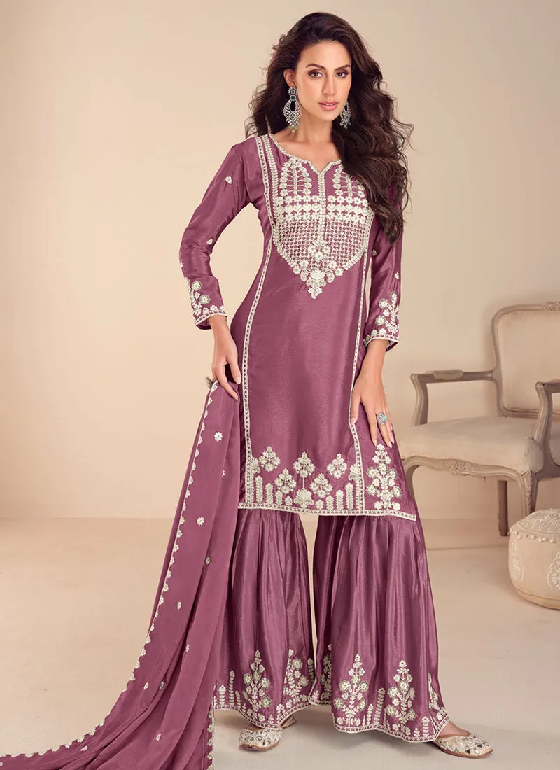 Mauve Purple Threadwork Embroidery Gharara Suit