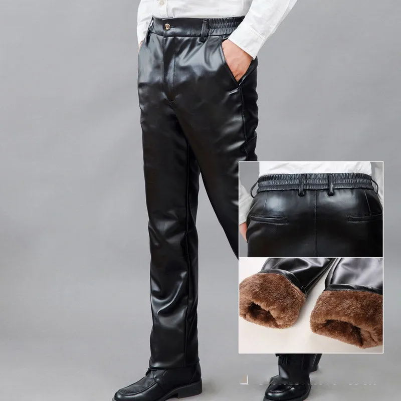 Men Leather Pants Autumn and Winter Loose Windproof Warm Thick PU Leather Trousers