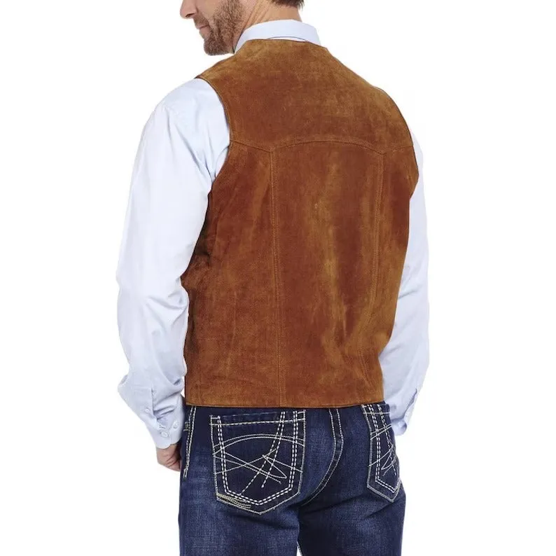 Men's Brown Suede Cowboy Style Leather Vest