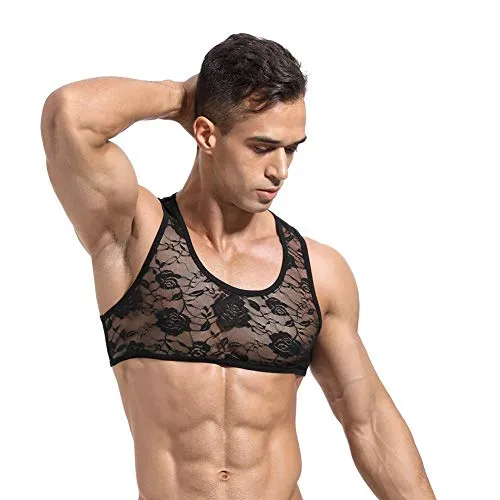 Men's Sissy Lace Floral Muscle Tank Top Round Neck Mesh Undershirt Semi Transparent Vest Singlet Gym Sports Half Top Black Large