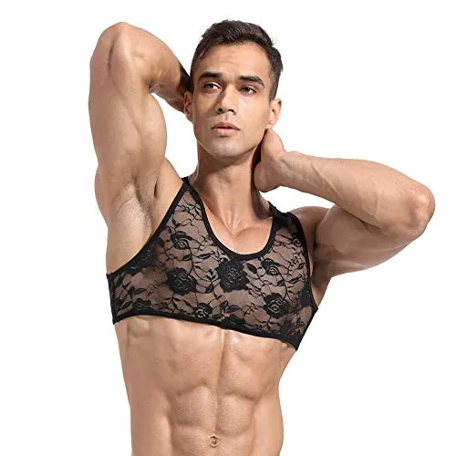 Men's Sissy Lace Floral Muscle Tank Top Round Neck Mesh Undershirt Semi Transparent Vest Singlet Gym Sports Half Top Black Large