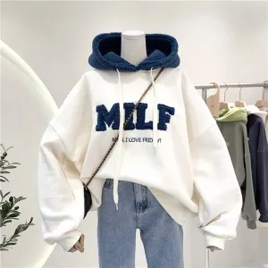 MILF "Man I Love Friday" Oversized Sweatshirt – Casual Loose-Fit Cotton Hoodie for Women, Winter Streetwear, Fleece Long Sleeve Pullover