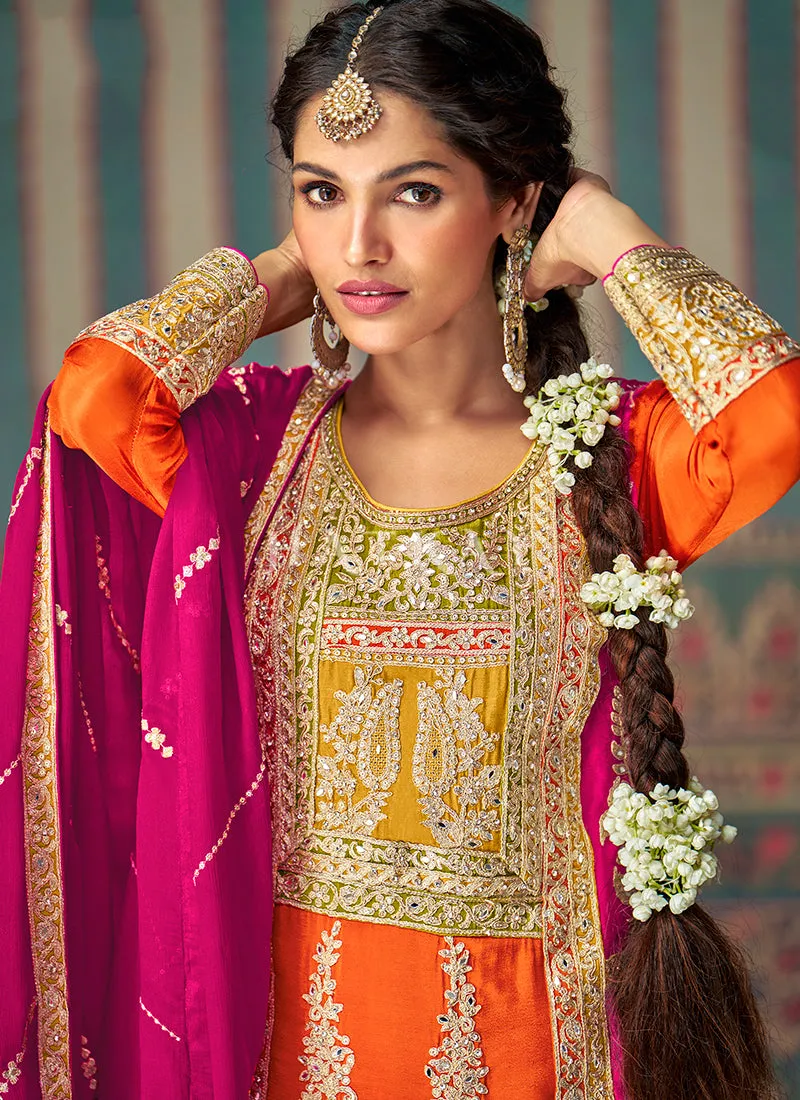 Orange Multicolored Mirror Work Palazzo Suit