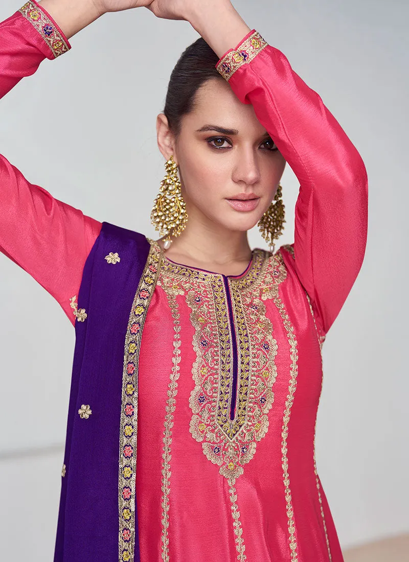 Pink And Purple Multi Embroidered Wedding Palazzo Suit