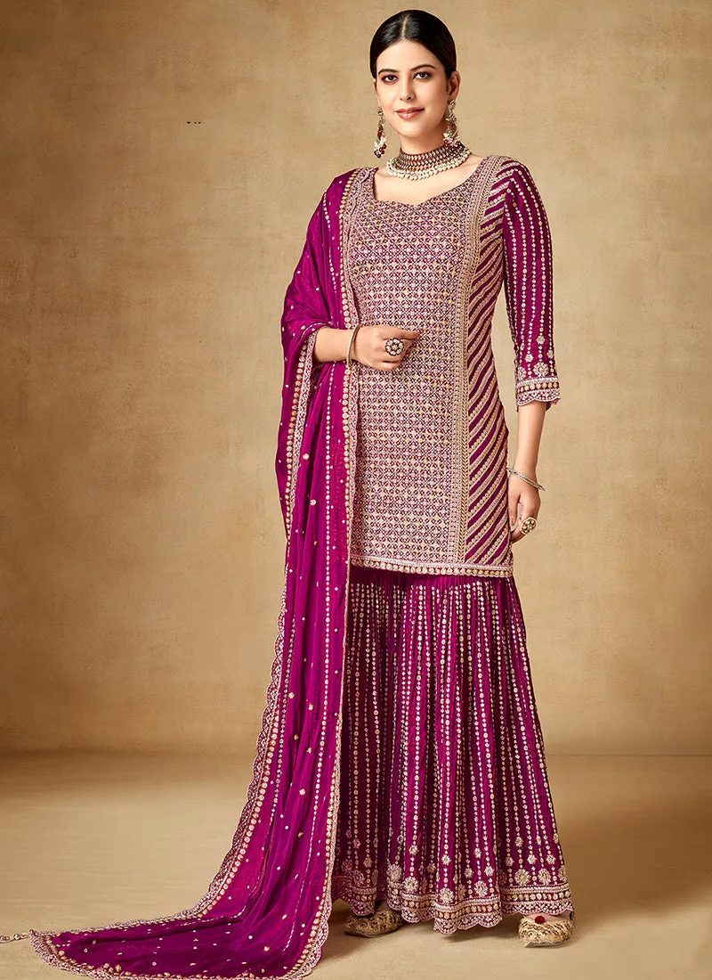 Rani Pink Sequence And Zari Embroidery Gharara Suit