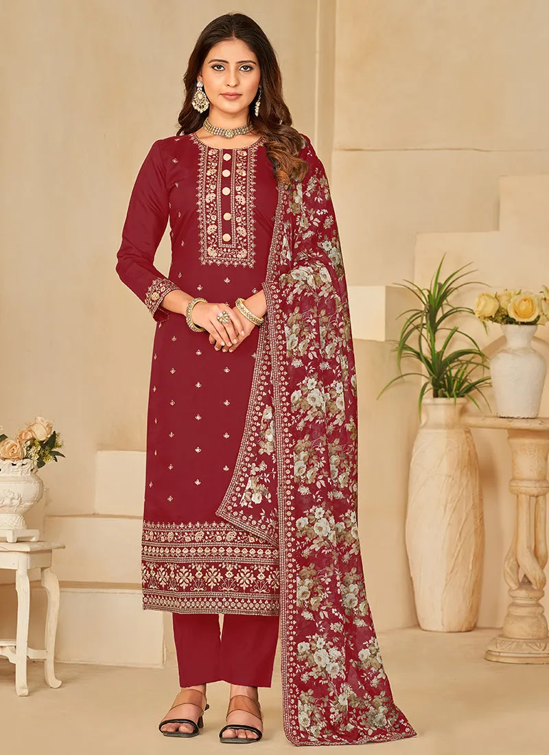 Red Embroidery Traditional Pant Style Suit