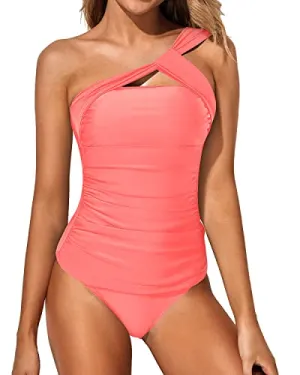 Stylish Two Piece One Shoulder Swim Top Shorts-Coral Pink