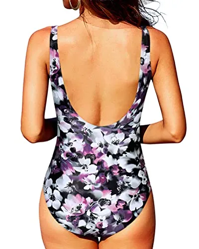 Stylish U Back Design Ruched Tummy Control Swimwear-Purple Floral