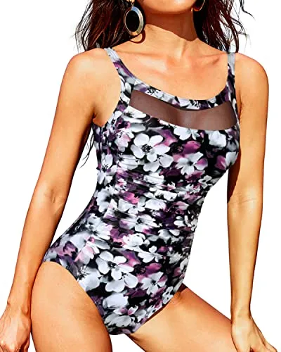 Stylish U Back Design Ruched Tummy Control Swimwear-Purple Floral