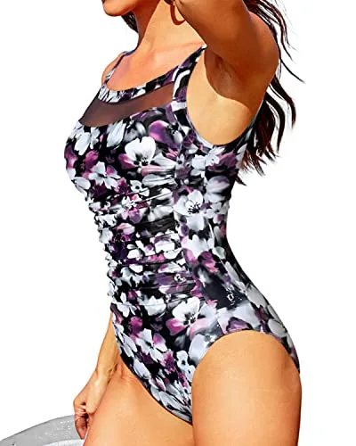 Stylish U Back Design Ruched Tummy Control Swimwear-Purple Floral