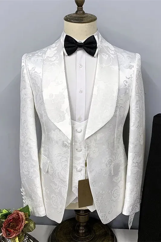 Stylish White Jacquard Shawl Collar Tailored Wedding Suits