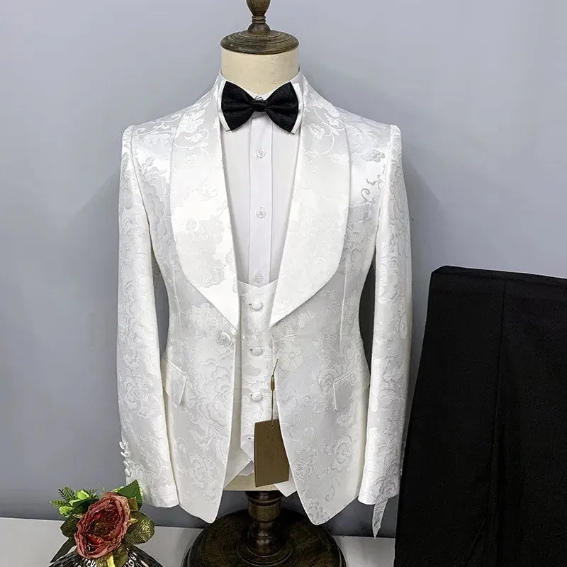 Stylish White Jacquard Shawl Collar Tailored Wedding Suits