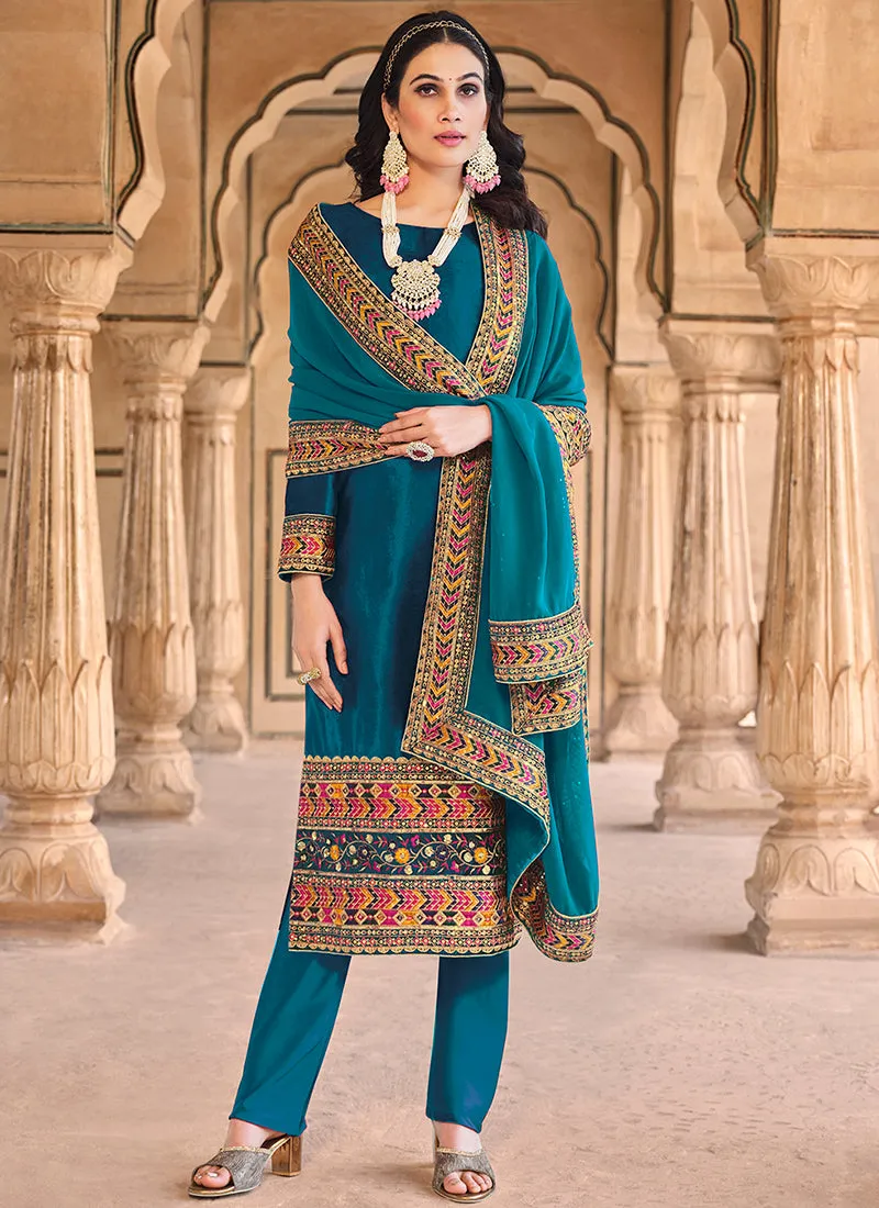 Turquoise Multi Embroidered Velvet Pant Suit