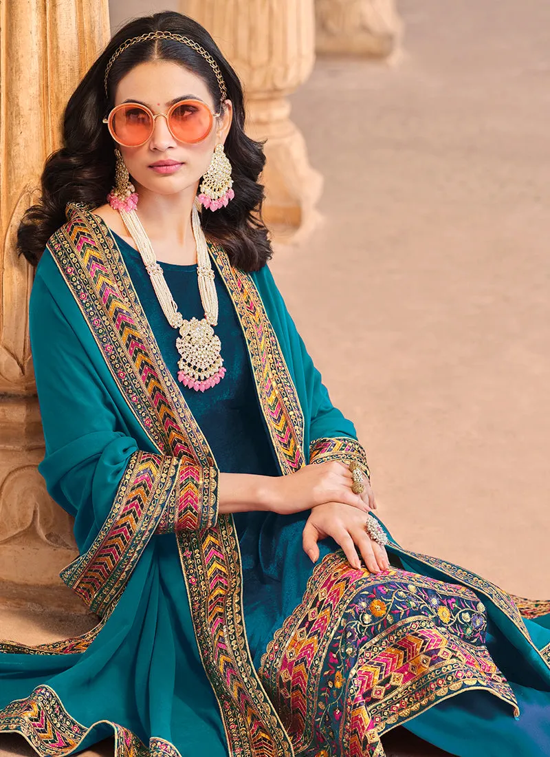 Turquoise Multi Embroidered Velvet Pant Suit